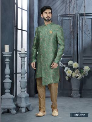 Green jackard digital printed with thread work  indo western sherwani 1