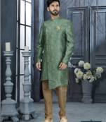 Green jackard digital printed with thread work  indo western sherwani