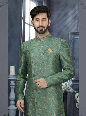 Green jackard digital printed with thread work  indo western sherwani 2