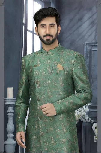 Green jackard digital printed with thread work  indo western sherwani