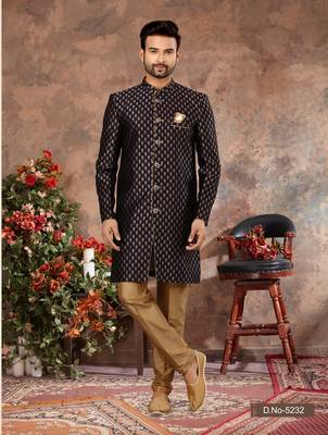 Nevy blue havy zari work jackard   indo western sherwani 1