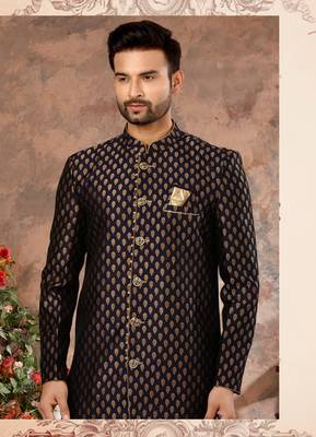 Nevy blue havy zari work jackard   indo western sherwani 2
