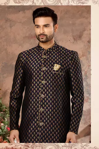 Nevy blue havy zari work jackard   indo western sherwani