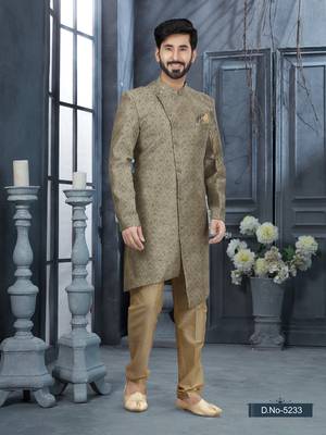 Mehandi & gold jackard digital printed   indo western sherwani 1