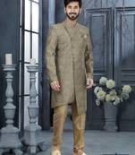 Mehandi & gold jackard digital printed   indo western sherwani