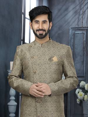 Mehandi & gold jackard digital printed   indo western sherwani 2