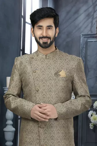 Mehandi & gold jackard digital printed   indo western sherwani