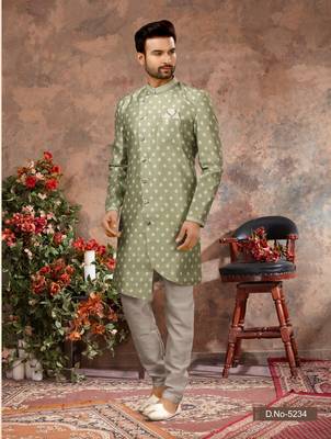 Mehandi jackard digital printed with thread work  indo western sherwani 1