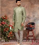 Mehandi jackard digital printed with thread work  indo western sherwani