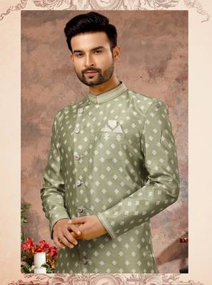 Mehandi jackard digital printed with thread work  indo western sherwani 2