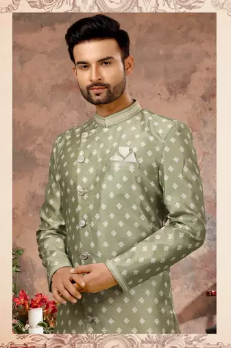 Mehandi jackard digital printed with thread work  indo western sherwani