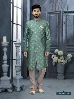 Sea blue jackard digital printed with thread work  indo western sherwani 1