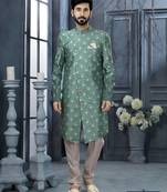 Sea blue jackard digital printed with thread work  indo western sherwani