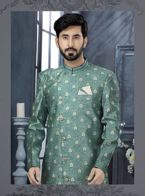 Sea blue jackard digital printed with thread work  indo western sherwani 2