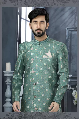 Sea blue jackard digital printed with thread work  indo western sherwani