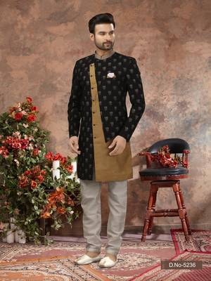 Black & cheekoo jackard digital printed with thread work  indo western sherwani 1