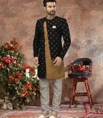 Black & cheekoo jackard digital printed with thread work  indo western sherwani