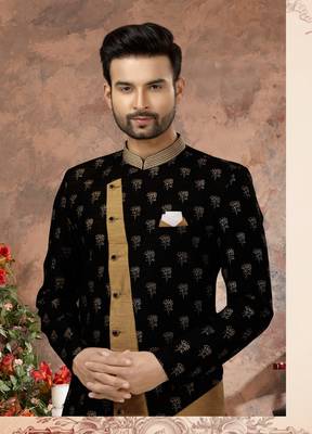 Black & cheekoo jackard digital printed with thread work  indo western sherwani 2