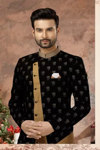 Black & cheekoo jackard digital printed with thread work  indo western sherwani