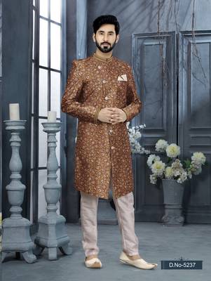 Multy colour jackard digital printed with thread work  indo western sherwani 1