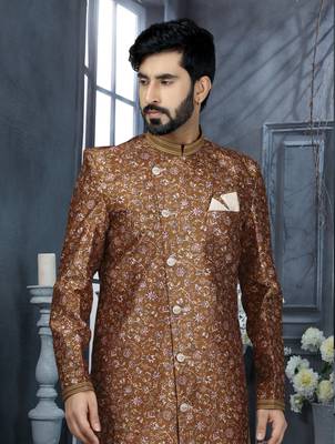 Multy colour jackard digital printed with thread work  indo western sherwani 2
