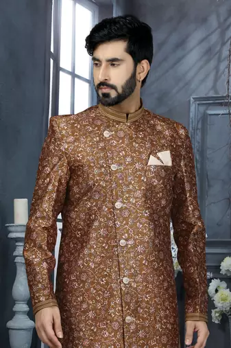 Multy colour jackard digital printed with thread work  indo western sherwani