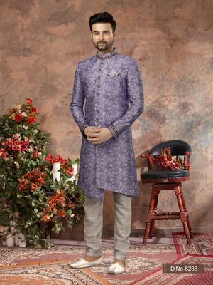 Voilet & white jackard digital printed with thred work  indo western sherwani 1