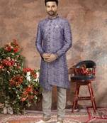 Voilet & white jackard digital printed with thred work  indo western sherwani