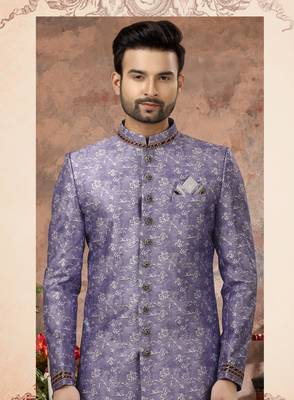 Voilet & white jackard digital printed with thred work  indo western sherwani 2
