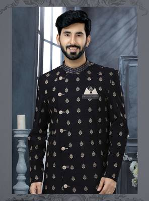 Nevy blue computer amrodery booti with thread work  indo western sherwani 2