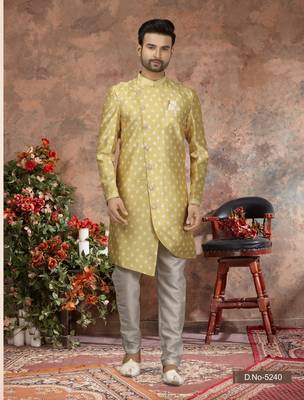 Yellow jackard digital printed   indo western sherwani 1