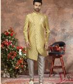 Yellow jackard digital printed   indo western sherwani