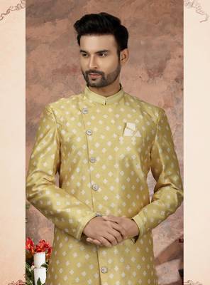 Yellow jackard digital printed   indo western sherwani 2