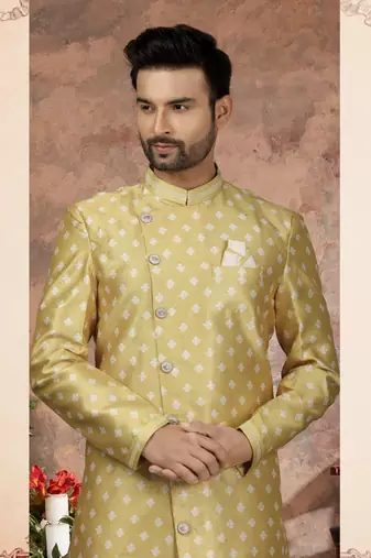Yellow jackard digital printed   indo western sherwani