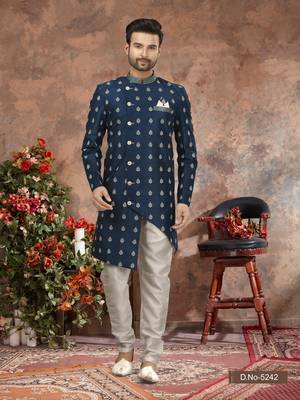 Blue computer amrodery booti with thread work  indo western sherwani 1