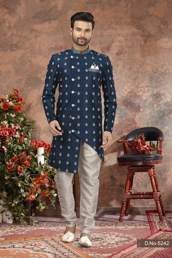 Blue computer amrodery booti with thred work  indo western sherwani