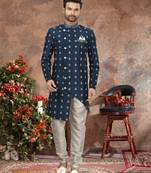 Blue computer amrodery booti with thread work  indo western sherwani