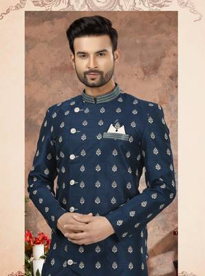 Blue computer amrodery booti with thread work  indo western sherwani 2
