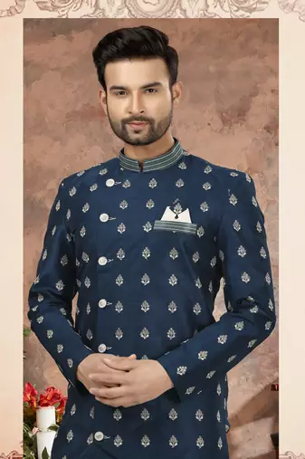 Blue computer amrodery booti with thread work  indo western sherwani