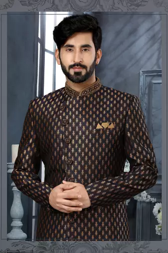Black     havy jackard with zari hand work  indo western sherwani