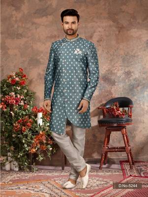 Light blue jackard digital printed with thread work  indo western sherwani 1