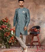 Light blue jackard digital printed with thread work  indo western sherwani