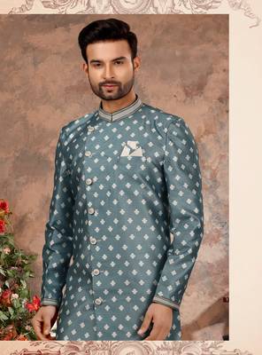 Light blue jackard digital printed with thread work  indo western sherwani 2