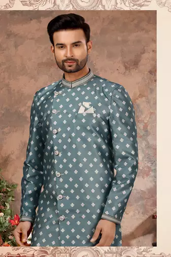 Light blue jackard digital printed with thread work  indo western sherwani
