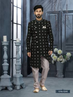 Black computer amrodery booti with thread work  indo western sherwani 1