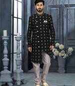 Black computer amrodery booti with thread work  indo western sherwani