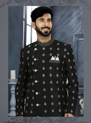 Black computer amrodery booti with thread work  indo western sherwani 2