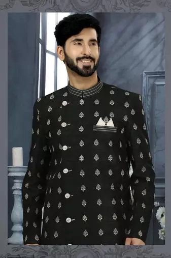 Black computer amrodery booti with thread work  indo western sherwani