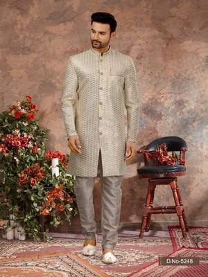 Cream digital computer amrodery stone work  indo western sherwani 1