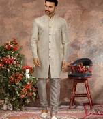 Cream digital computer amrodery stone work  indo western sherwani